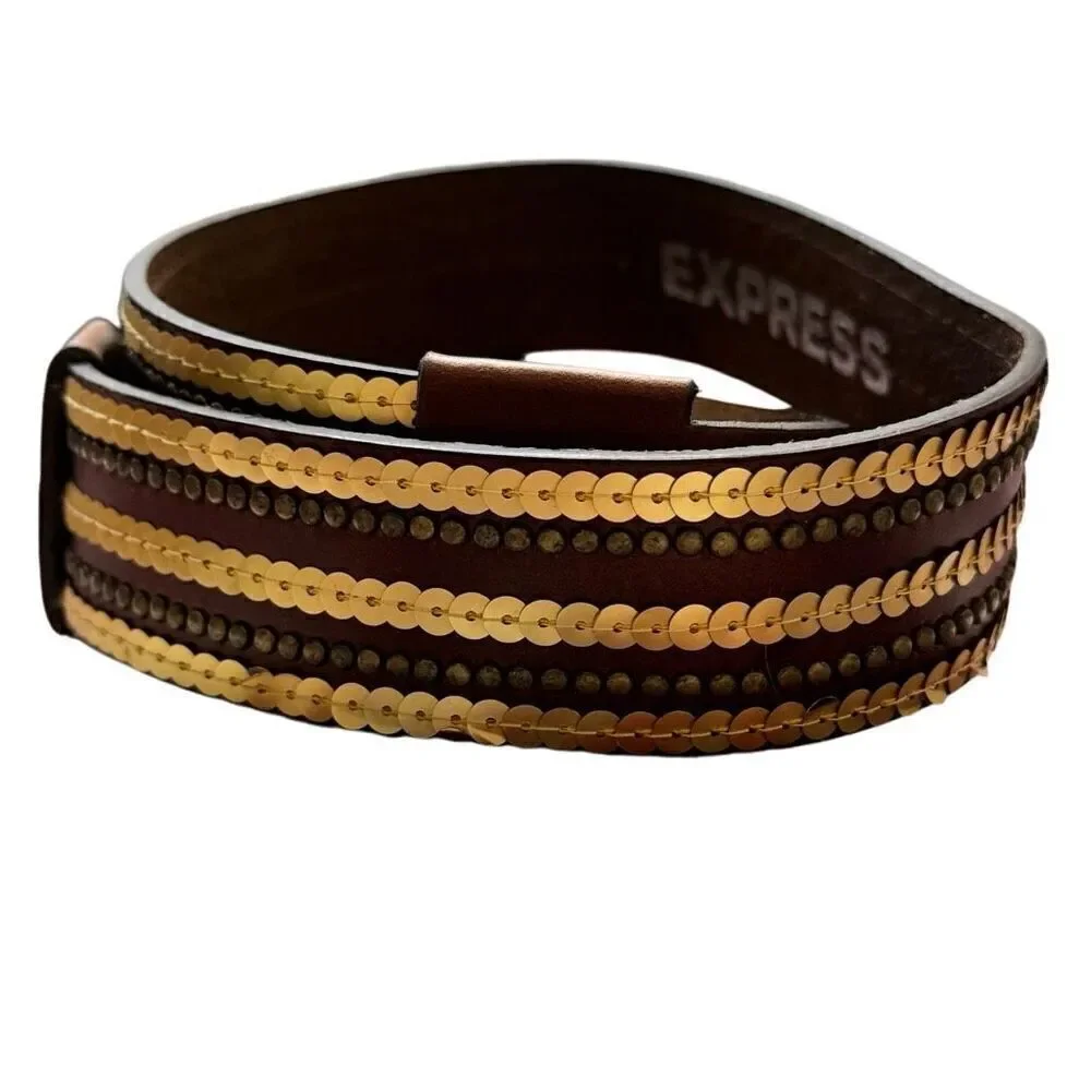 Express Brown Leather Belt Gold Sequins Bronze Studded Vintage NEW Size Small
